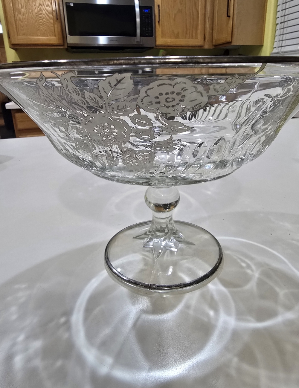 Elegant Silver-Trim Glass Pedestal Bowl - Clear Floral Design